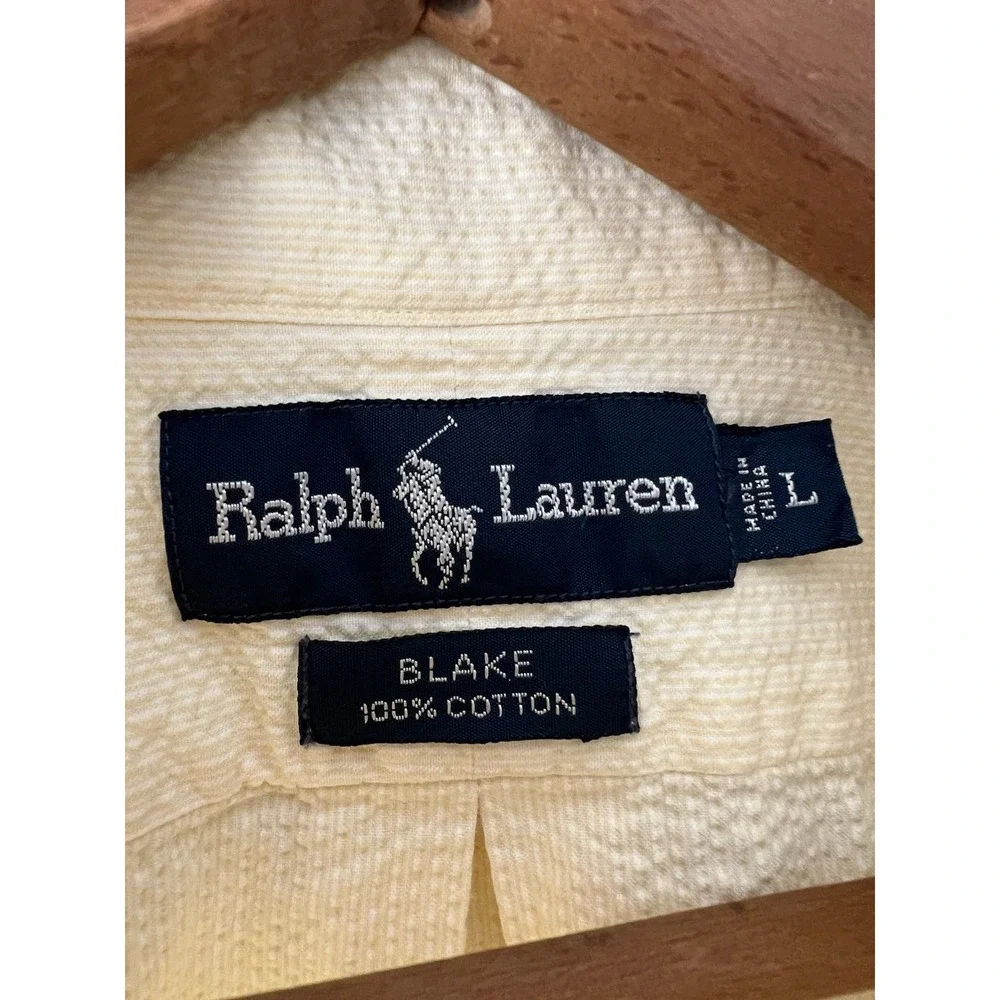 Vintage Ralph Lauren Blake Seersucker Shirt Mens L Yellow Short Sleeve Blue Pony
